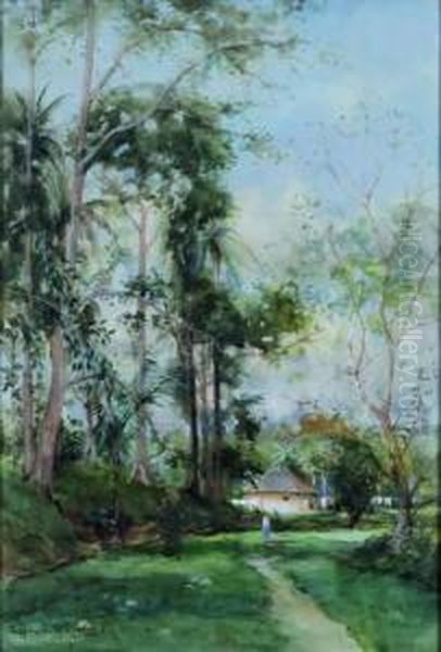 Kampong In Nederlands Indie Oil Painting by Fredericus Jacobus Van Rossum Du Chattel