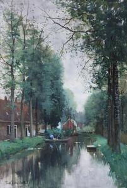 Cottages By A Quiet Waterway Oil Painting by Fredericus Jacobus Van Rossum Du Chattel