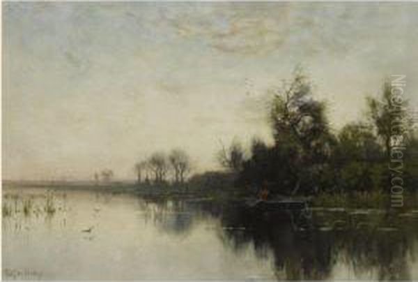 Fishing At Dusk Oil Painting by Fredericus Jacobus Van Rossum Du Chattel