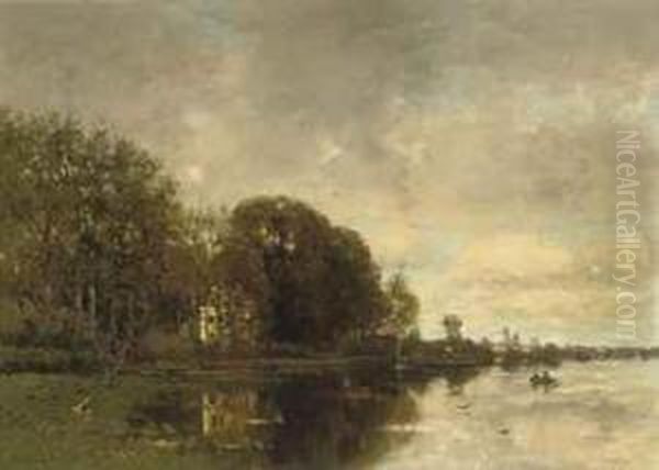 A View Over The River Vecht Oil Painting by Fredericus Jacobus Van Rossum Du Chattel