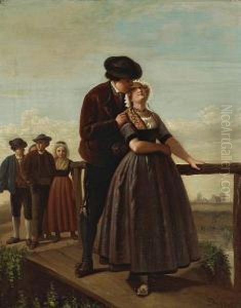 A Wayside Dalliance Oil Painting by Jan Hendrik Van Rossum Du Chattel