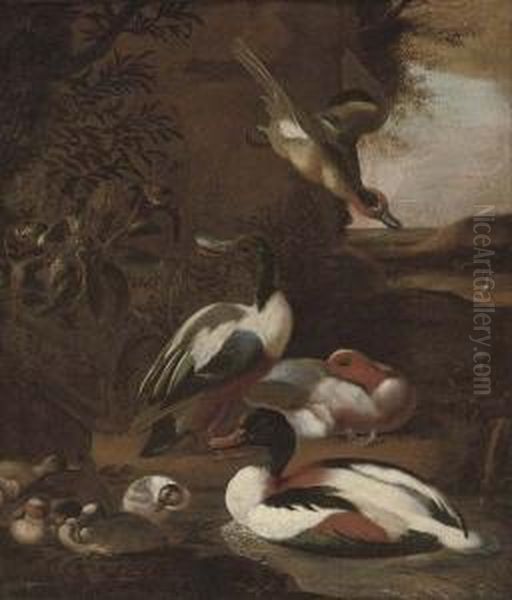 Ducks In A Landscape Oil Painting by Willem Frederik van Royen