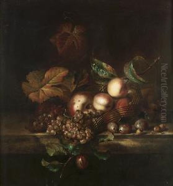 Peaches And Apples In An Upturned Basket With Grapes And Plums On A Marble Ledge Oil Painting by Willem Frederik van Royen