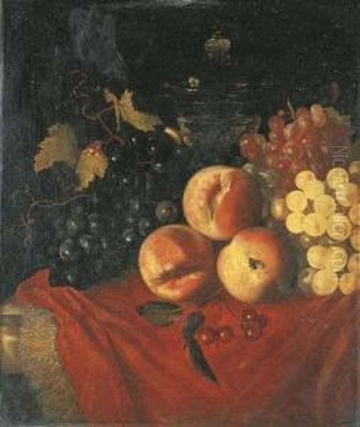 Des Peches, Des Cerises, Du Raisin Et Un Verre Sur Un Entablement Drape Oil Painting by Willem Frederik van Royen