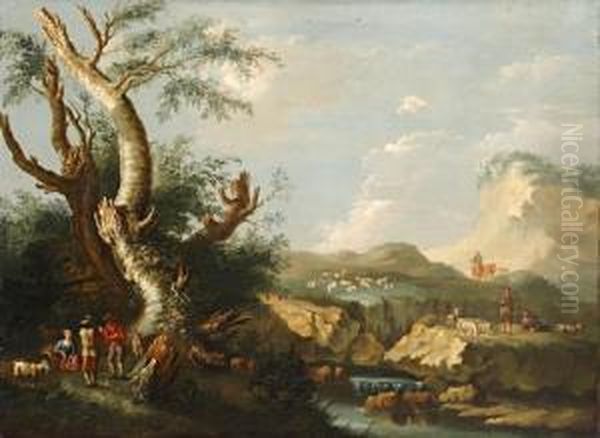 Shepherds And Goatherd Resting In A Rugged Landscape Oil Painting by Jacob Van Ruisdael