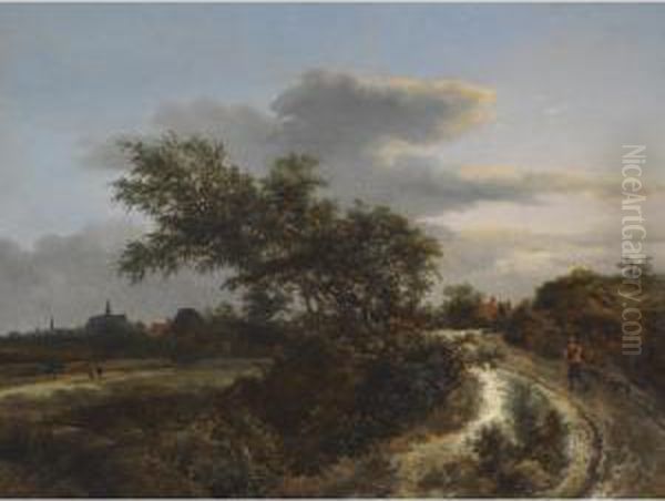 A Dune Landscape With A Farmer On A Sandy Road, And A Distant View Of Haarlem Oil Painting by Jacob Van Ruisdael