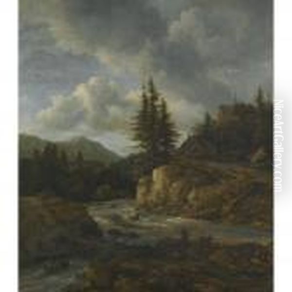 Northern Landscape With A Torrent Oil Painting by Jacob Van Ruisdael