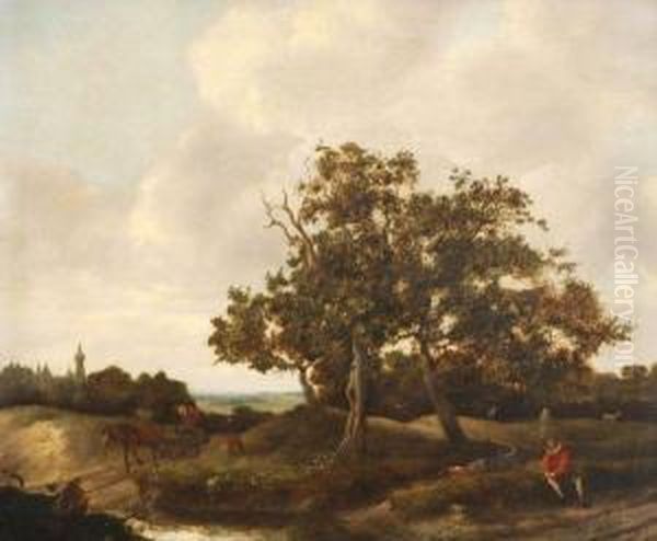 Travellers And A Cart Passing A Shepherd And His Flock Oil Painting by Jacob Salomonsz. Ruysdael