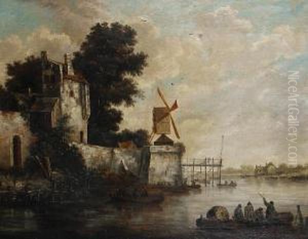 Barges Approaching A Shore, With A Windmill In The Distance Oil Painting by Jacob Salomonsz. Ruysdael