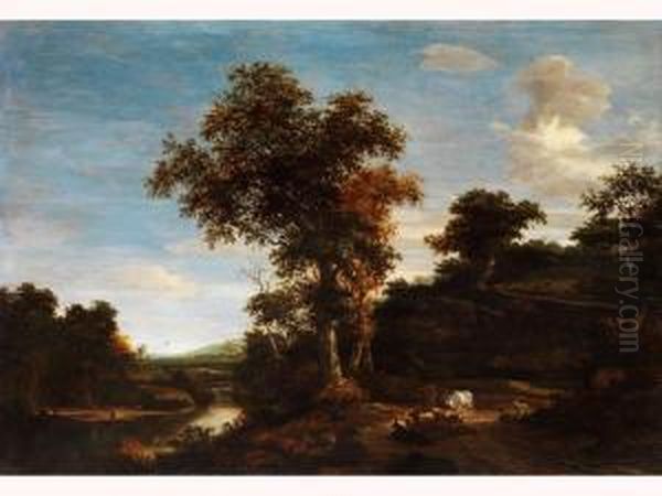 Baumlandschaft Mit Am Ufer Schlafendenhirten, Neben Kuhen Und Ziegen Oil Painting by Jacob Salomonsz. Ruysdael