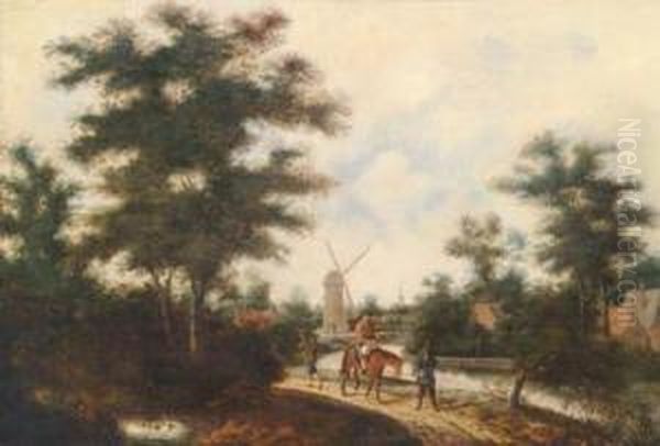 Umkreis Bewaldete Landschaft Mit Wanderern Und Einer Windmuhle Oil Painting by Jacob Salomonsz. Ruysdael