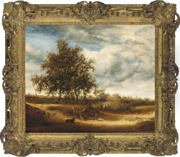 A Wooded Landscape With A Milkmaid On A Path With Cattle And Sheep Oil Painting by Salomon van Ruysdael