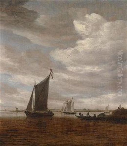 A River Estuary With Sailing Boats And A Rowing Boat Oil Painting by Salomon van Ruysdael