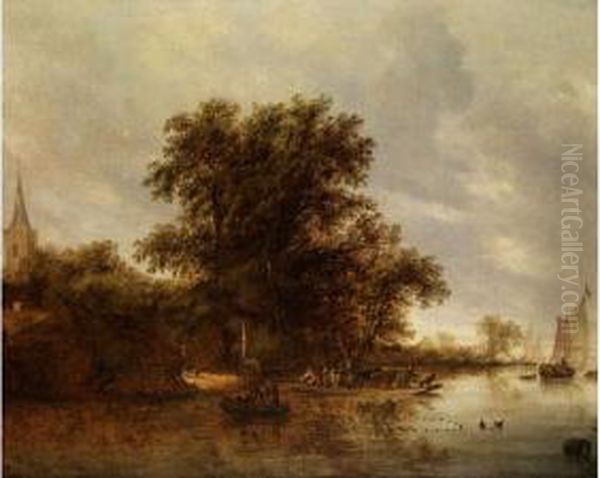 Flussuferlandschaft Mit Fahrboot Und Kahnen Vor Hohem Baum Oil Painting by Salomon van Ruysdael