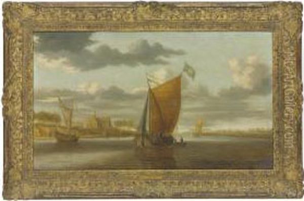 An Extensive River Landscape With Two Vessels And Other Boats, A Church Beyond Oil Painting by Salomon van Ruysdael