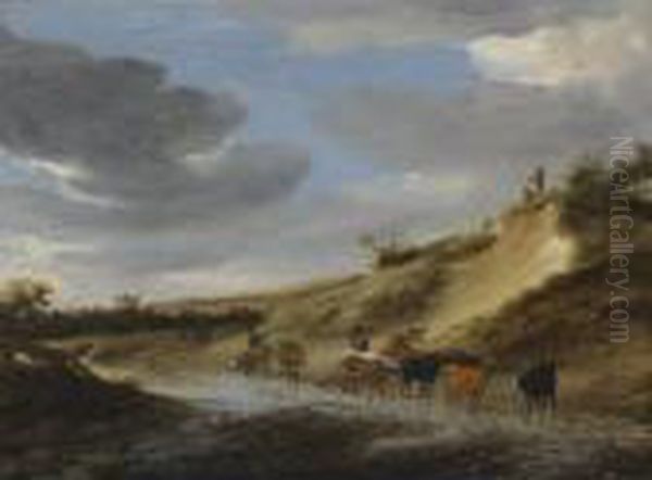 An Extensive Landscape With Cattle And Their Herdsmen Following A Partly Flooded Country Road Oil Painting by Salomon van Ruysdael