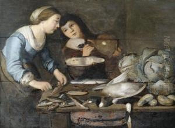 Kucheninterieur Mit Einem Gesindepaar Bei Der Verarbeitung Von Fischen Oil Painting by Pieter Cornelisz. Van Ryck