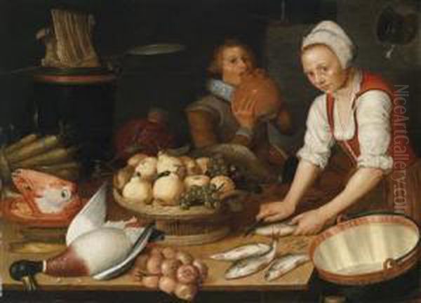 Large Kitchen Still Life With A Maid And A Cavalier Oil Painting by Pieter Cornelisz. Van Ryck