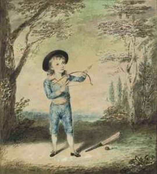 Portrait Of A Young Archer, Small Full-length, Standing In A Landscape, A Cricket Bat And Ball On The Ground Beside Him Oil Painting by Andreas Van Rymsdyk