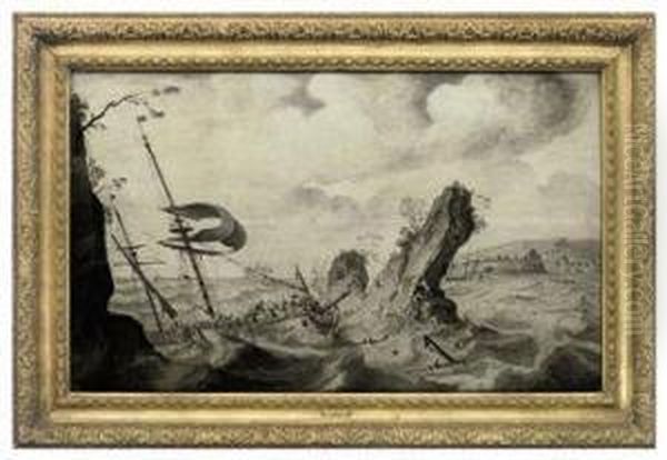 A Man-o'war Driving Onto Rocks In A Gale Oil Painting by Adriaen Cornelisz. Van Salm