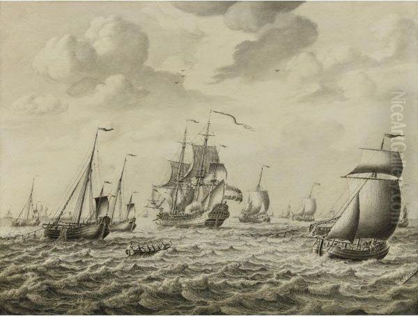 A Dutch Man-of-war Firing A Salute, With A Flotilla Of Fishingboats And Other Shipping Beyond: A Penschilderij Oil Painting by Adriaen Cornelisz. Van Salm