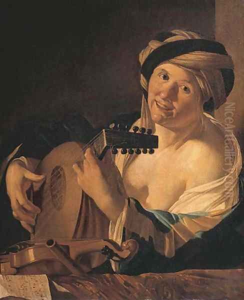 A woman playing the lute, a violin, flute and music on a draped ledge before her Oil Painting by Dirck Van Baburen