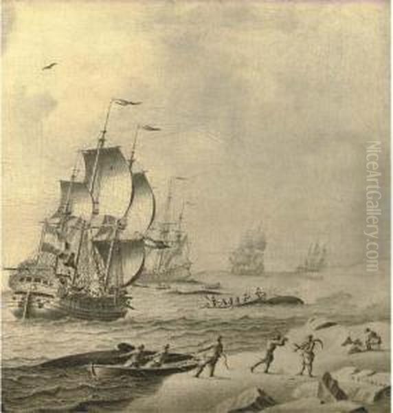 Whaling Ships In Rough Waters With Whale Hunters Bringing In Their Catch; En Grisaille Oil Painting by Adriaen Cornelisz. Van Salm