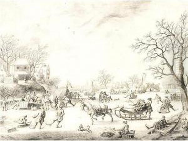 A Winter Landscape With Skaters, Kolf Players And Elegant Townsfolk On A Frozen River Oil Painting by Adriaen Cornelisz. Van Salm