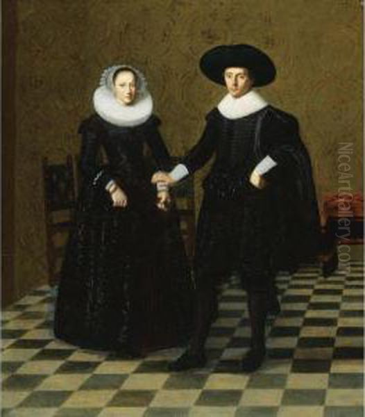 Portrait Of A Gentleman And His Wife In Black Embroidered Dresswith White Collars, Standing Full Length In An Interior Oil Painting by Dirck Verhaert