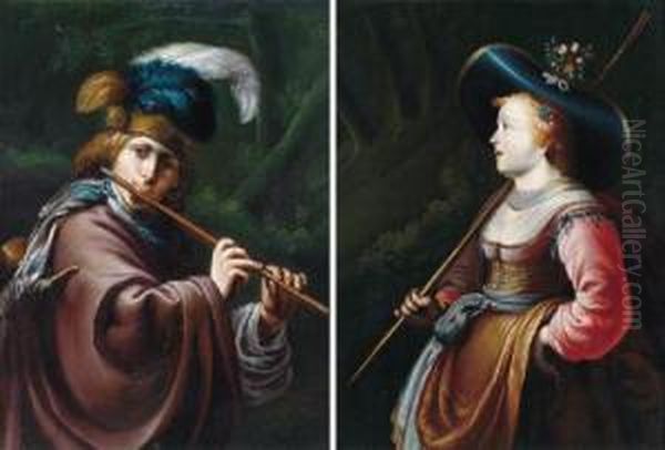 Ritratto Di Giovane Flautista In Costume Da Pastore; Ritratto Di Giovane Donna In Costume Da Pastorella Oil Painting by Dirck Verhaert