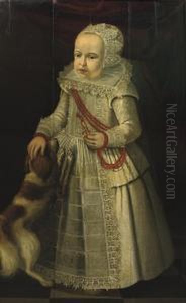 Portrait Of A Girl, Full-length, In A White Embroidered Dress Withlace Collar And Headdress, Wearing A Coral Necklace, A Dog By Herside Oil Painting by Dirck Verhaert