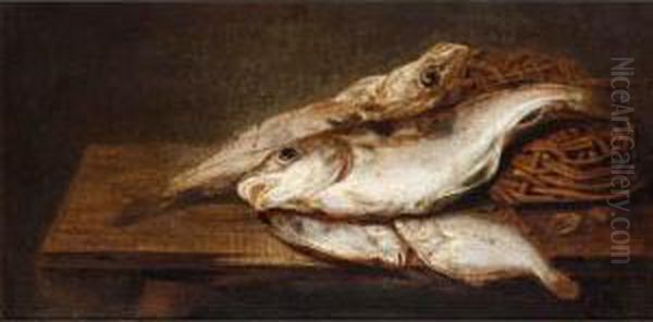 A Still Life With Fish And Shells On A Wooden Ledge Oil Painting by Pieter Van Schaeyenborg