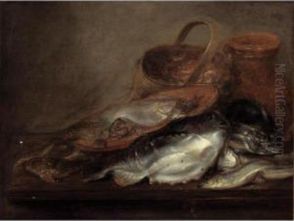 A Still Life With Soles And Other Fish On A Plate, Shrimps In A Basket And Lumpsuckers Together With Other Fish, All On A Wooden Table Oil Painting by Pieter Van Schaeyenborg