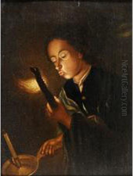 Boy Blowing On A Burning Stick Oil Painting by Godfried Schalcken