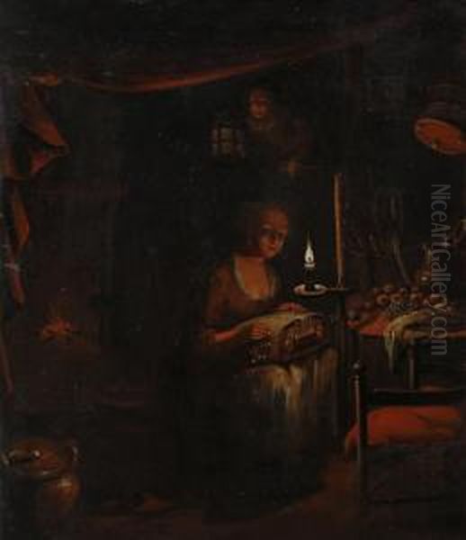 Lacemaking By Candlelight Oil Painting by Godfried Schalcken