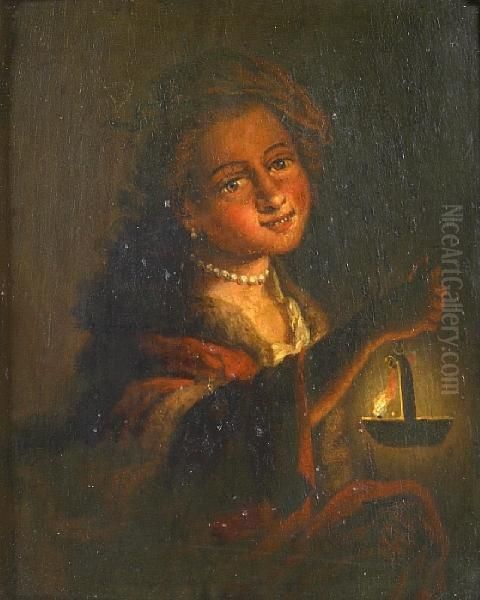 A Portrait Of A Girl With A Lamp Oil Painting by Godfried Schalcken