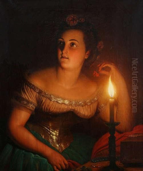 Meisje Met Bloem Bij Kaars Oil Painting by Petrus van Schendel