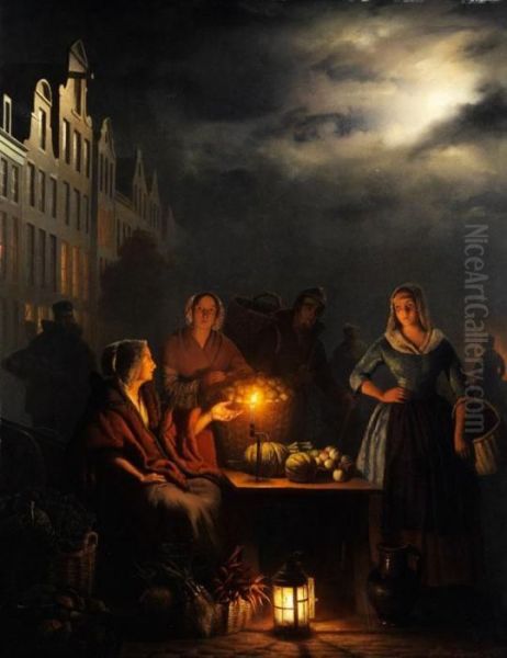 Nachtlicher Gemusemarkt Bei Kerzenlicht Oil Painting by Petrus van Schendel