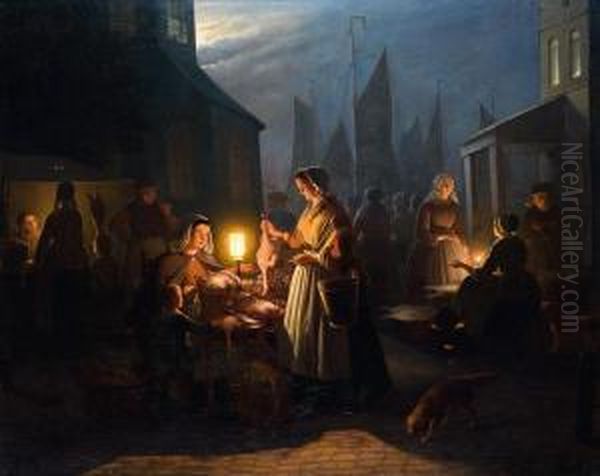 Avondmarkt Bij De Haven Oil Painting by Petrus van Schendel