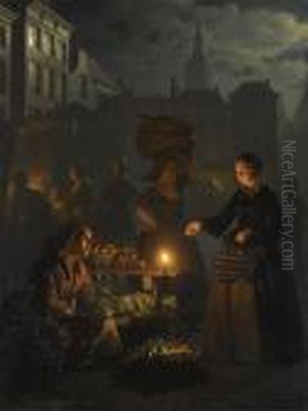 A Moonlit Vegetable Market Oil Painting by Petrus van Schendel