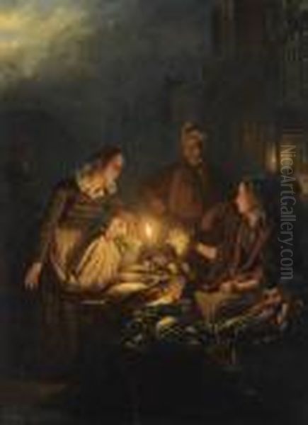 Moonlit Market In The Hague Oil Painting by Petrus van Schendel