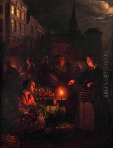 Market Stall By Candlelight Oil Painting by Petrus van Schendel