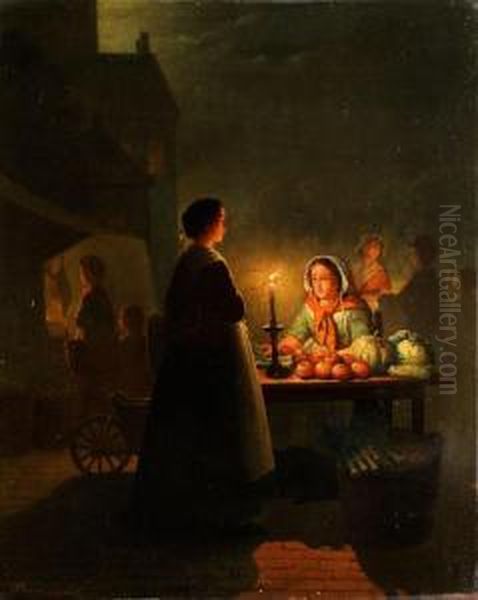 Obst- Und Gemuseverkauferin Imkerzenlicht Oil Painting by Petrus van Schendel