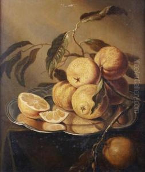 Citrons Sur Un Plateau D'argent Pose Sur Un Entablement Oil Painting by Floris Gerritsz. van Schooten