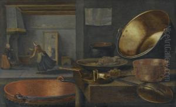 A Kitchen Still Life With Pots And Pans On A Stone Ledge And Animated Figures In The Background Oil Painting by Floris Gerritsz. van Schooten