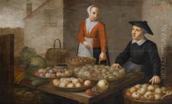 A Market Scene With Two Fruit And Vegetablevendors Oil Painting by Floris Gerritsz. van Schooten