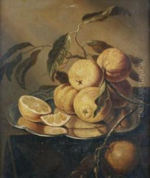 Citrons Sur Un Plateau D'argent Pose Surun Entablement Oil Painting by Floris Gerritsz. van Schooten