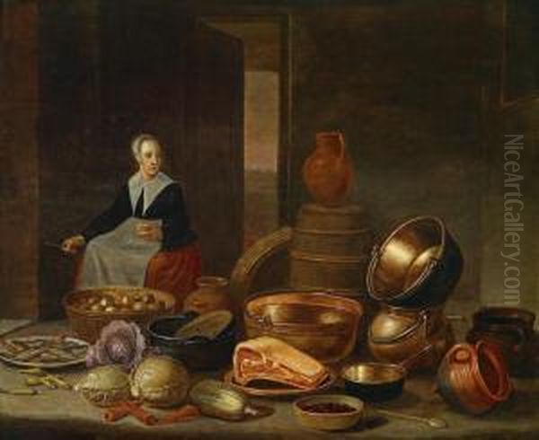 A Kitchen Interior Oil Painting by Floris Gerritsz. van Schooten