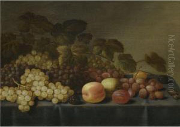 Still Life With Grapes, Loganberries, Plums, An Apple And A Glasstogether On A Table Oil Painting by Floris Gerritsz. van Schooten