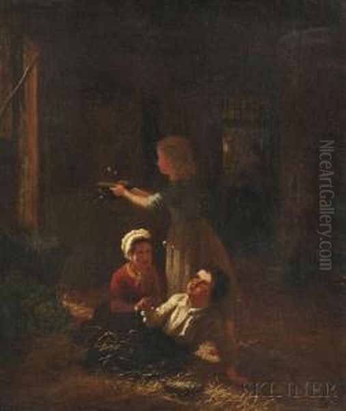 Children Playing With Bubbles In A Barn Oil Painting by Henri van Seben